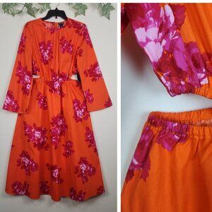 Scoop Sz L (12-14) Orange Floral Side Cut Out Midi Dress with Pockets NWT